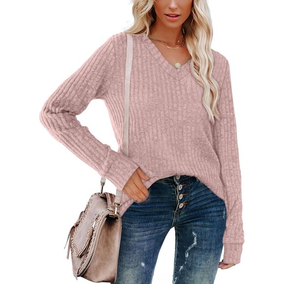 V Neck Long Sleeve Women's Sweater Lightweight Fall Tunic Casual Top - Picture 2 of 5